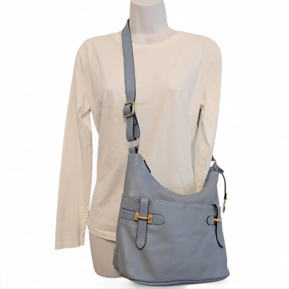 GIANI BERNINI Bridle Leather Bag Light Blue Medium Hobo Crossbody Shoulder